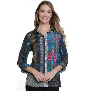 New John Mark Floral Women's Plus Size 3X Roll Tab Sleeve Silky Top Artsy Boho
